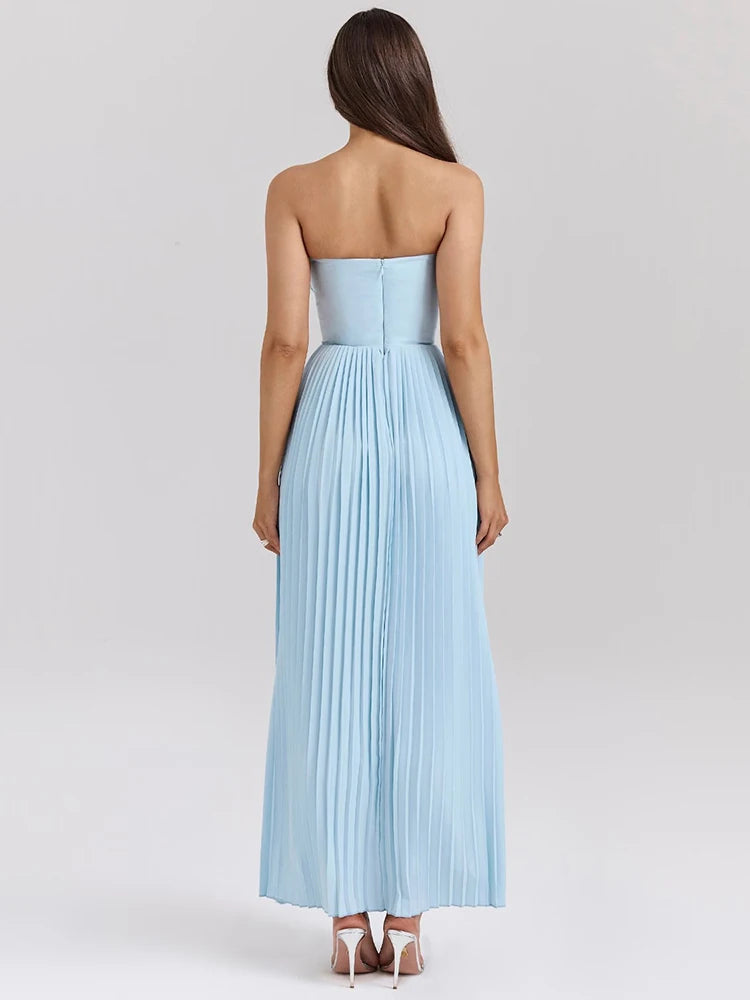 Vestido Maxi Plisado Azul con Corpiño Corsé de Copa Escultural - Sara Loza