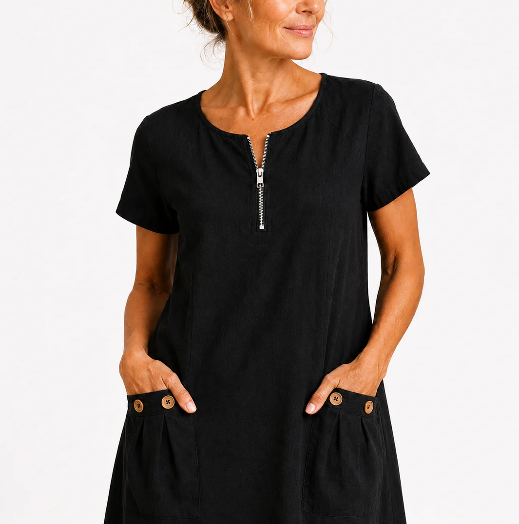 Elena | Vestido Mini con Cuello Cremallera y Bolsillos