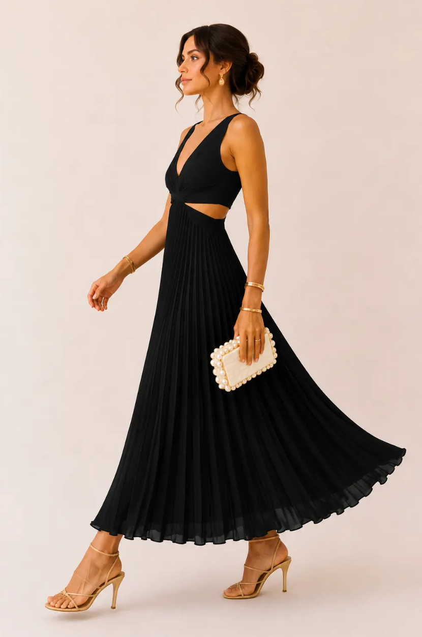 Ariana | Vestido Maxi Plisado con Escote en V y Aberturas