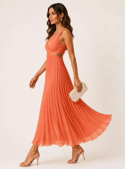 Ariana | Vestido Maxi Plisado con Escote en V y Aberturas