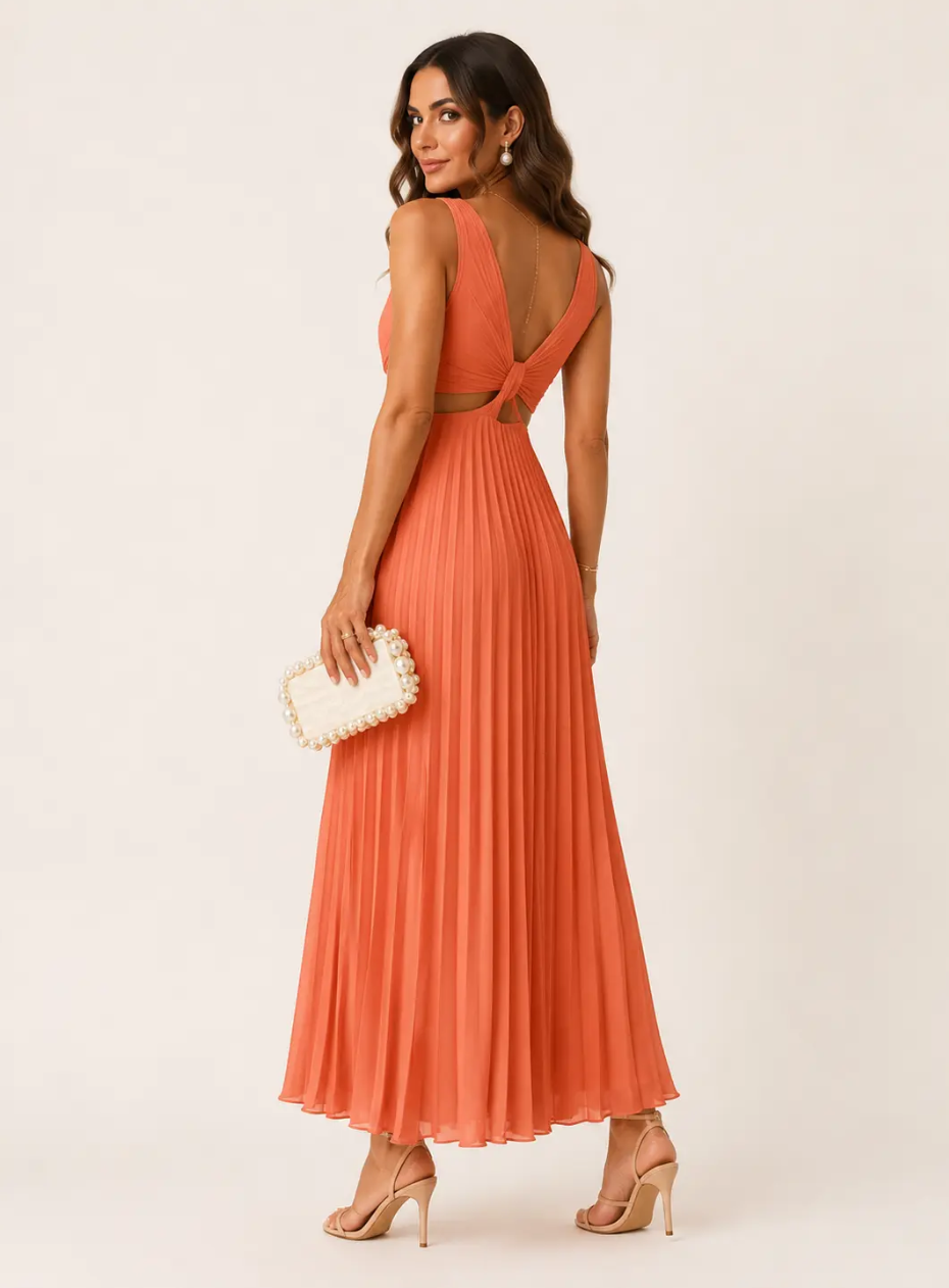 Ariana | Vestido Maxi Plisado con Escote en V y Aberturas