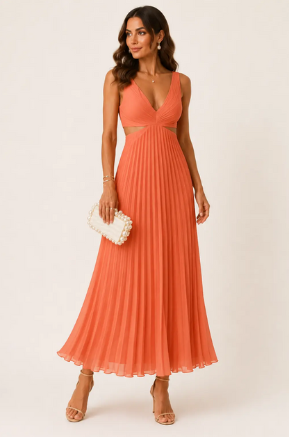 Ariana | Vestido Maxi Plisado con Escote en V y Aberturas