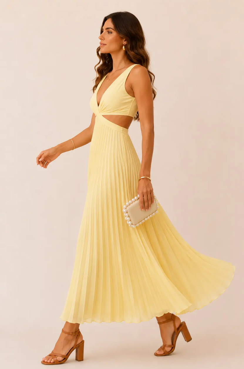 Ariana | Vestido Maxi Plisado con Escote en V y Aberturas