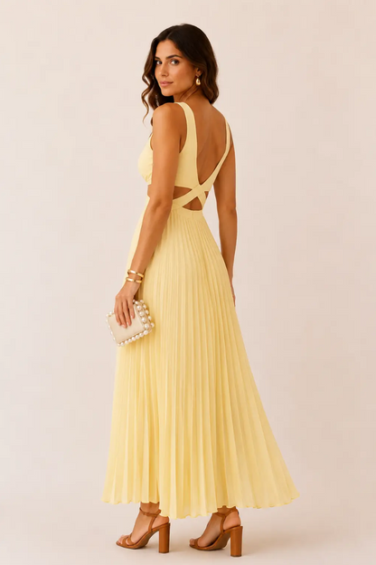 Ariana | Vestido Maxi Plisado con Escote en V y Aberturas