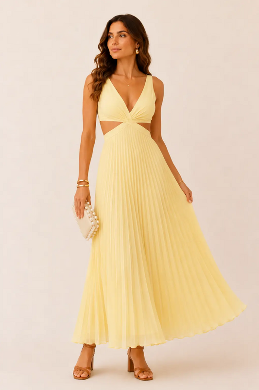 Ariana | Vestido Maxi Plisado con Escote en V y Aberturas