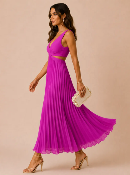 Ariana | Vestido Maxi Plisado con Escote en V y Aberturas