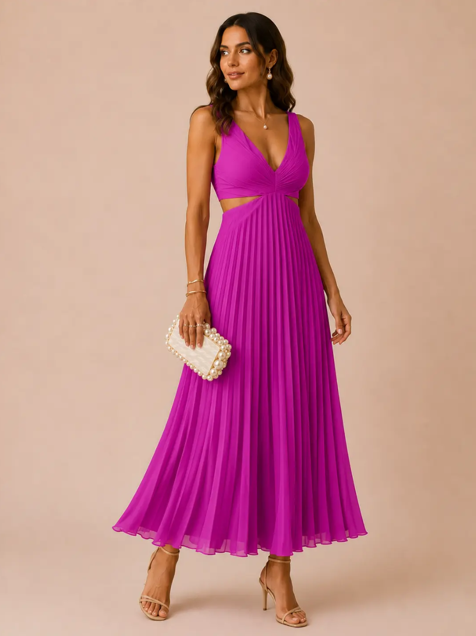 Ariana | Vestido Maxi Plisado con Escote en V y Aberturas