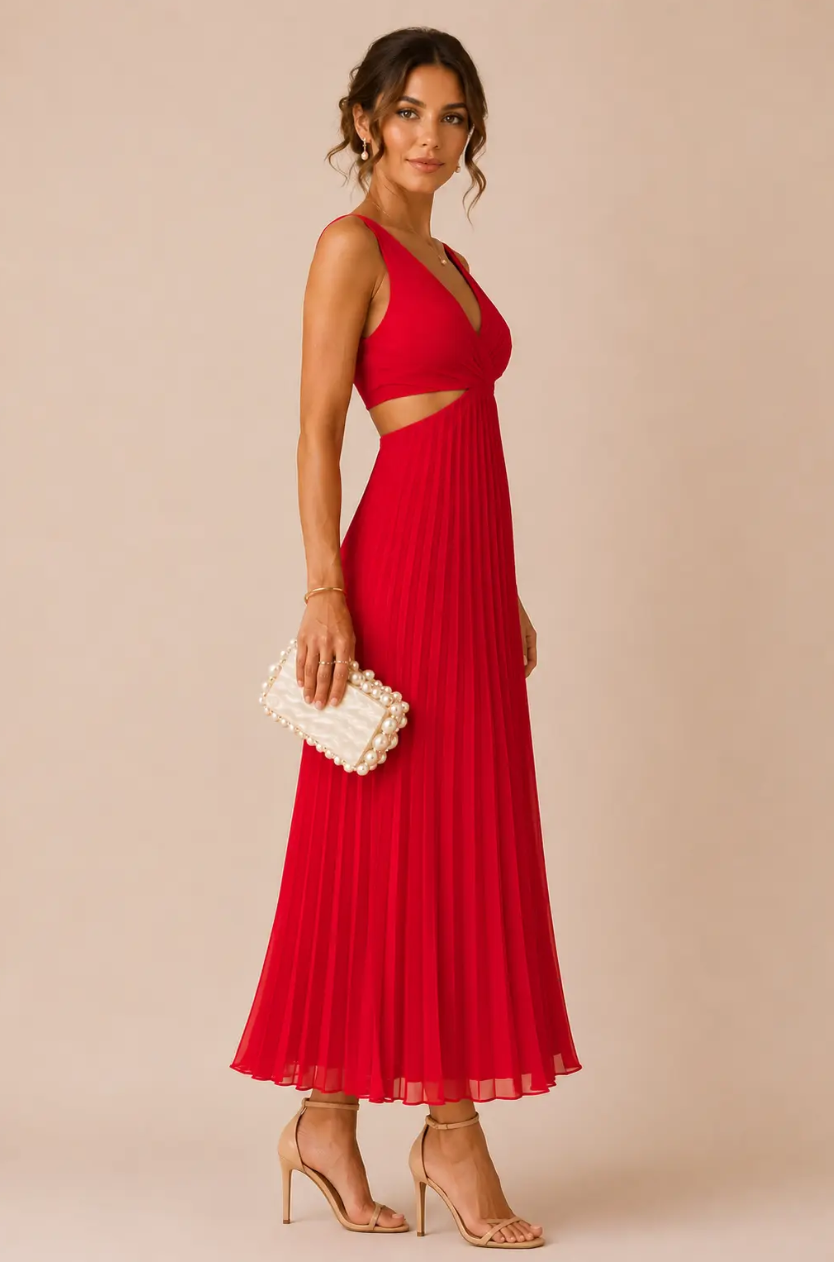 Ariana | Vestido Maxi Plisado con Escote en V y Aberturas