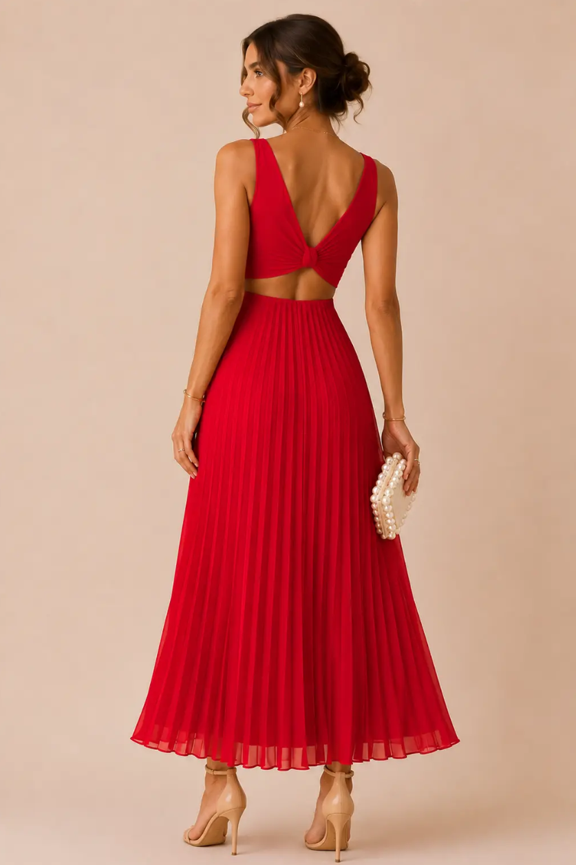 Ariana | Vestido Maxi Plisado con Escote en V y Aberturas
