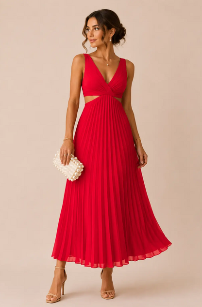 Ariana | Vestido Maxi Plisado con Escote en V y Aberturas