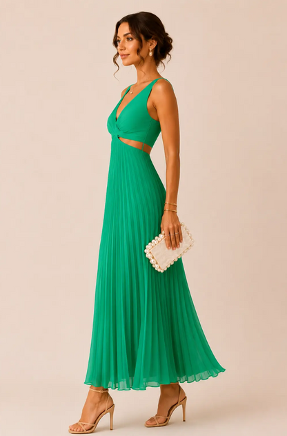 Ariana | Vestido Maxi Plisado con Escote en V y Aberturas
