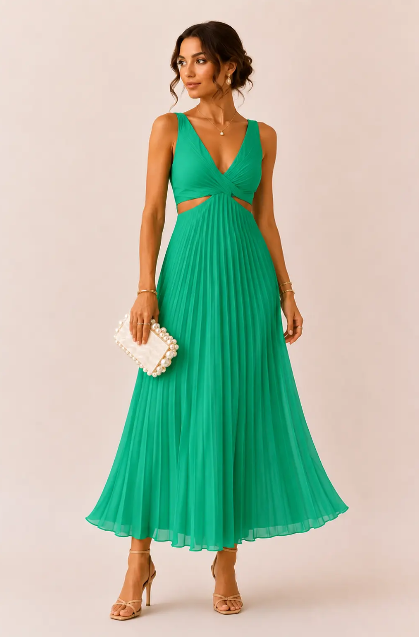 Ariana | Vestido Maxi Plisado con Escote en V y Aberturas