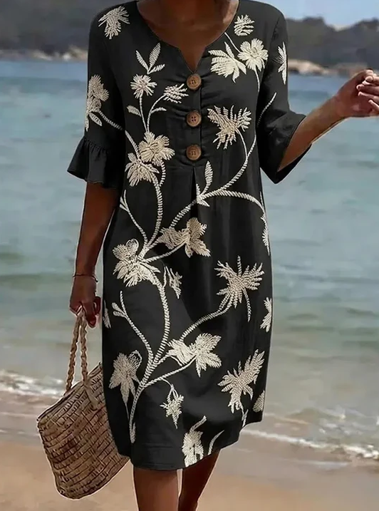 Encarna | Vestido Midi Negro con Bordado Floral