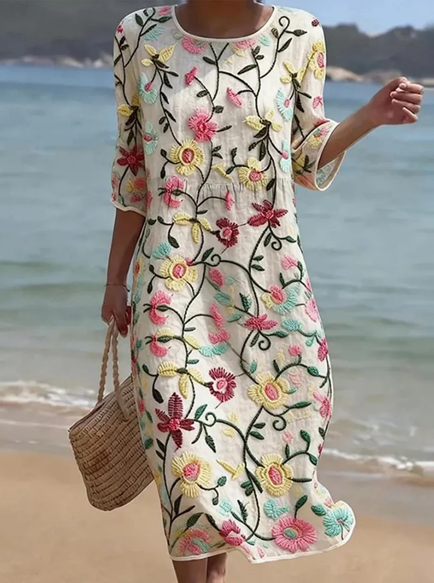 Amparo | Vestido Midi con Bordado Floral de Colores