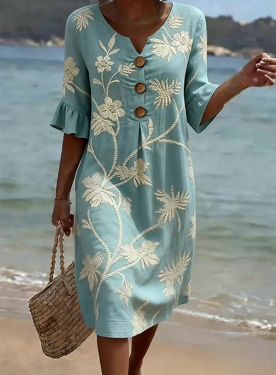 Berta | Vestido Midi de Lino con Botones de Madera