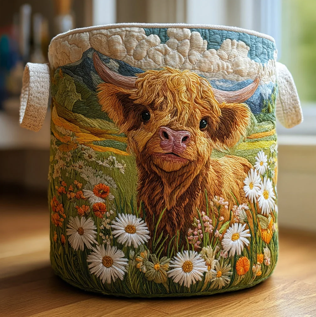 Cesto acolchado con vaca Highland rodeada de flores