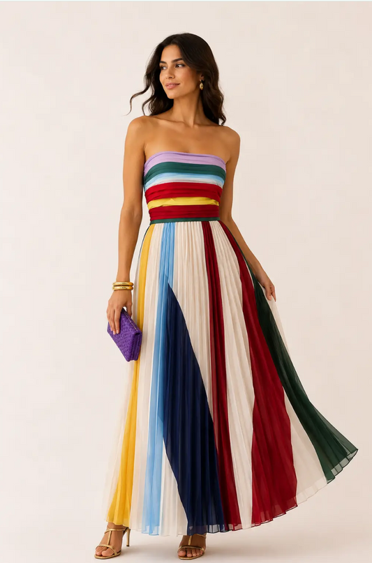 Aitana | Vestido Maxi Plisado con Escote Palabra de Honor