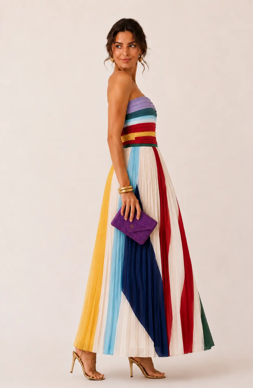 Aitana | Vestido Maxi Plisado con Escote Palabra de Honor