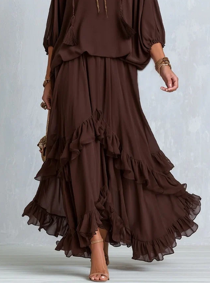 Araceli | Conjunto de Top con Flecos y Falda de Volantes en Capas