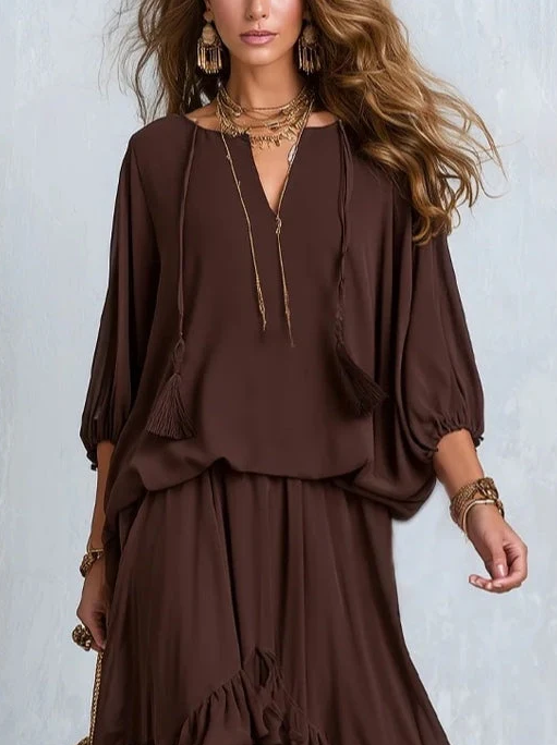 Araceli | Conjunto de Top con Flecos y Falda de Volantes en Capas