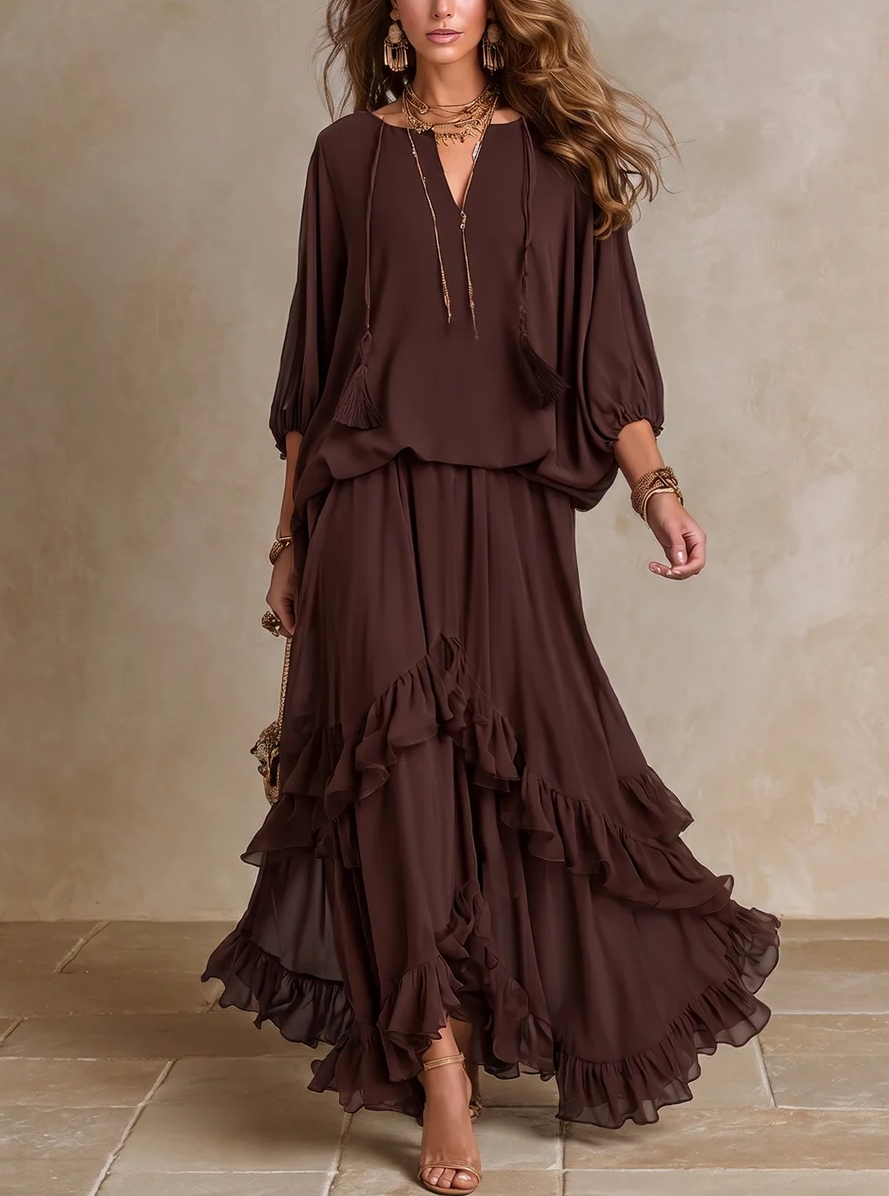 Araceli | Conjunto de Top con Flecos y Falda de Volantes en Capas