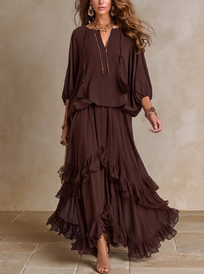Araceli | Conjunto de Top con Flecos y Falda de Volantes en Capas