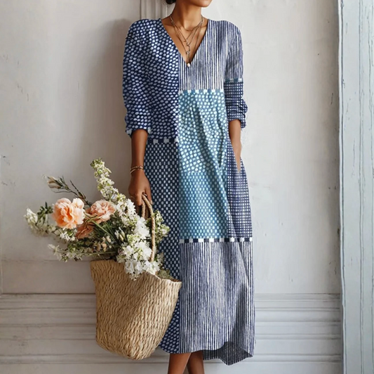 Lara | Vestido Midi Patchwork con Escote en V