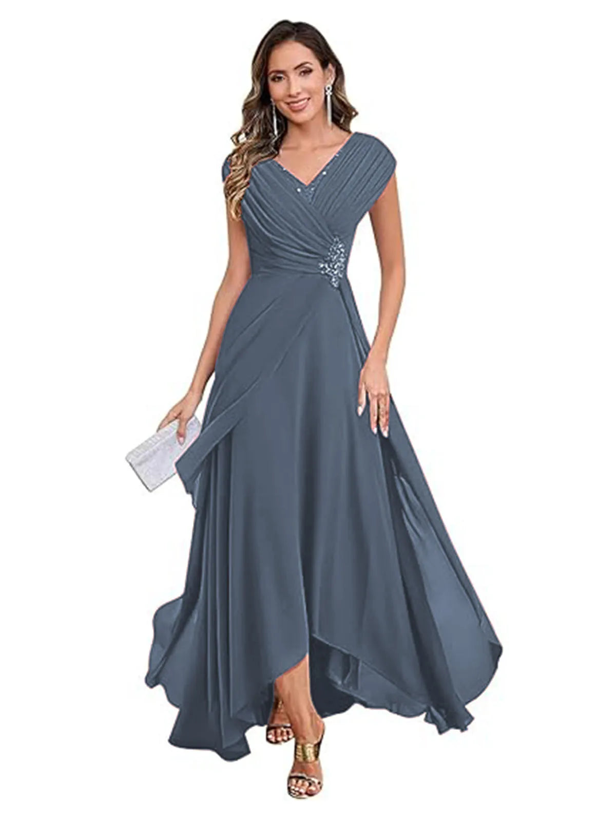 Vestito lungo in chiffon con scollo a V, pieghe incrociate e vita con perline