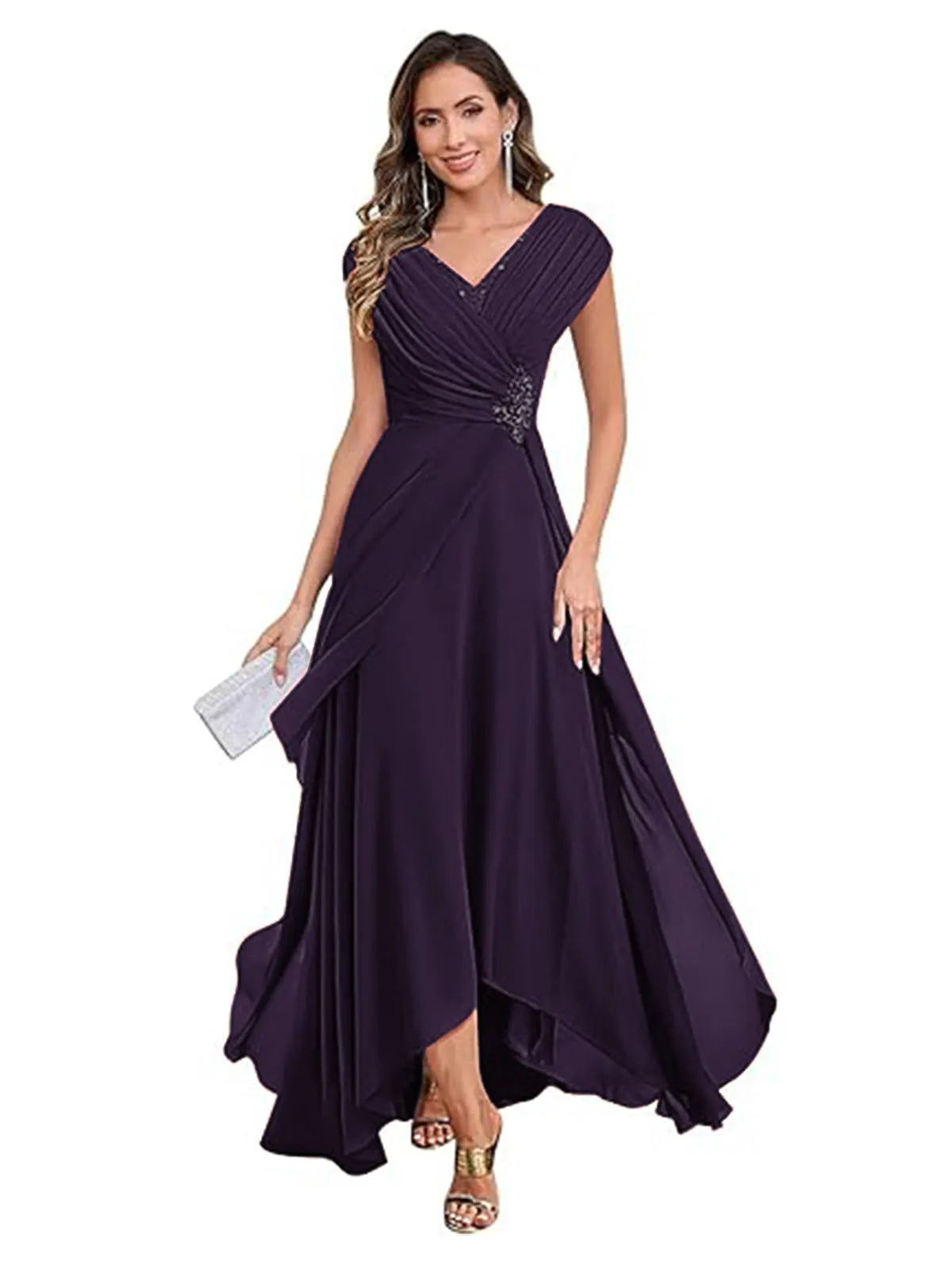 Vestito lungo in chiffon con scollo a V, pieghe incrociate e vita con perline