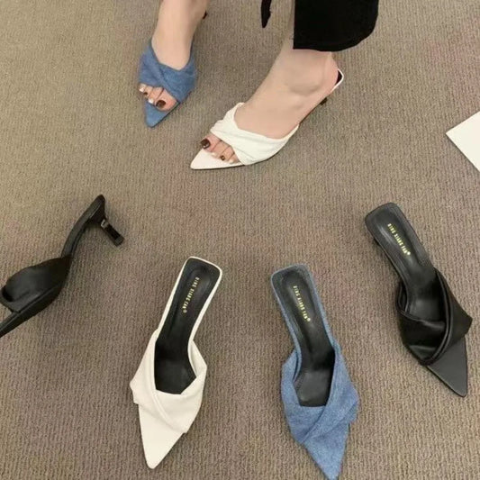 Diseñador mujer Med tacones finos mulas zapatillas Casual punta cuadrada Pantofle bajo cruzado alto lujo nuevas zapatillas de mezclilla - Sara Loza