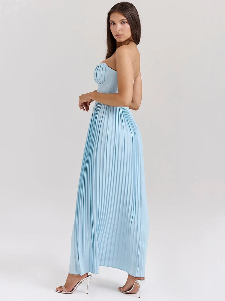 Vestido Maxi Plisado Azul con Corpiño Corsé de Copa Escultural