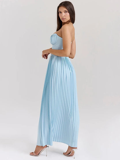 Vestido Maxi Plisado Azul con Corpiño Corsé de Copa Escultural