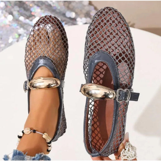 En verano, zapatos planos informales y cómodos con hebillas rectas y punta redonda para mujer, zapatos individuales Mary Jane recortados, zapatos de rejilla - Sara Loza
