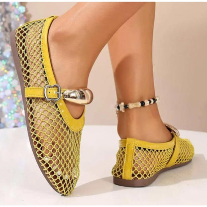 En verano, zapatos planos informales y cómodos con hebillas rectas y punta redonda para mujer, zapatos individuales Mary Jane recortados, zapatos de rejilla