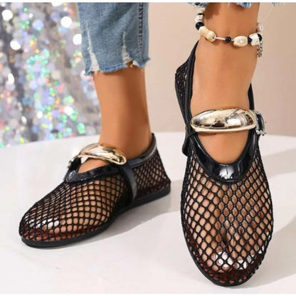 En verano, zapatos planos informales y cómodos con hebillas rectas y punta redonda para mujer, zapatos individuales Mary Jane recortados, zapatos de rejilla