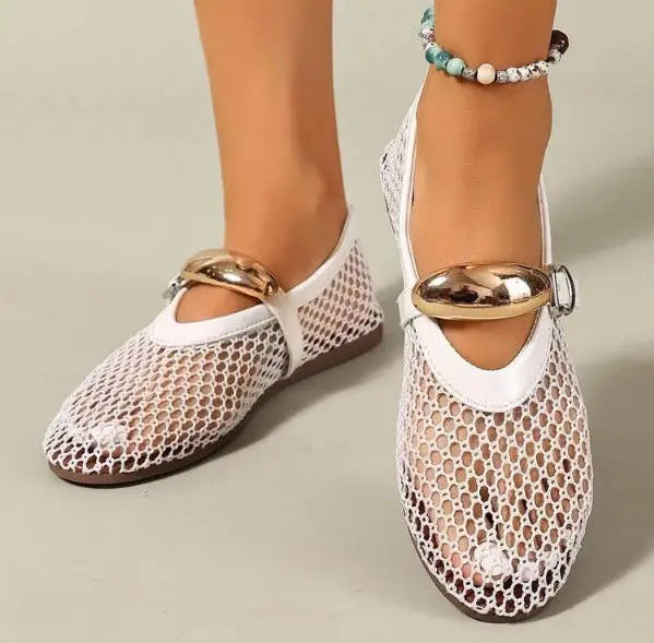En verano, zapatos planos informales y cómodos con hebillas rectas y punta redonda para mujer, zapatos individuales Mary Jane recortados, zapatos de rejilla