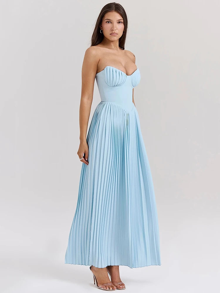 Vestido Maxi Plisado Azul con Corpiño Corsé de Copa Escultural