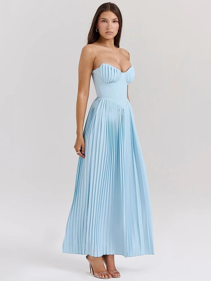Vestido Maxi Plisado Azul con Corpiño Corsé de Copa Escultural
