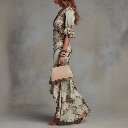 Florencia | Vestido Maxi Satinado Floral Escote en V