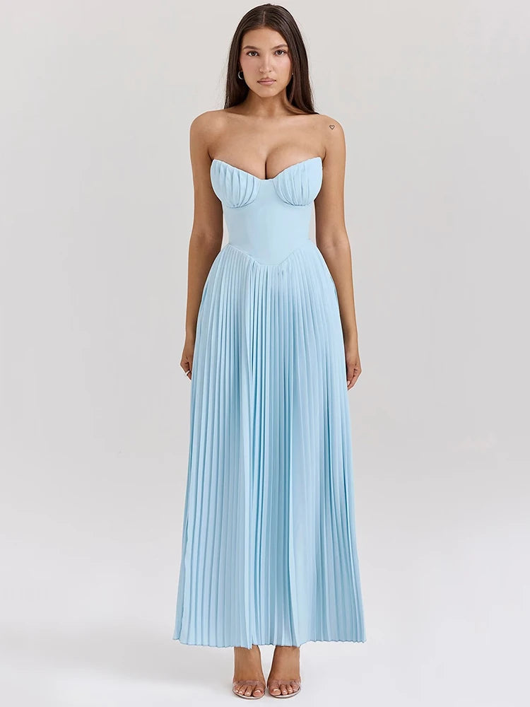Vestido Maxi Plisado Azul con Corpiño Corsé de Copa Escultural