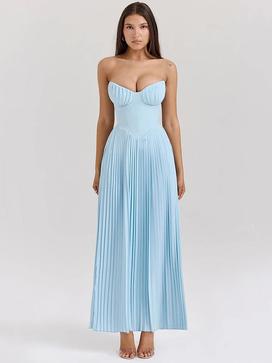 Vestido Maxi Plisado Azul con Corpiño Corsé de Copa Escultural