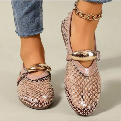 En verano, zapatos planos informales y cómodos con hebillas rectas y punta redonda para mujer, zapatos individuales Mary Jane recortados, zapatos de rejilla