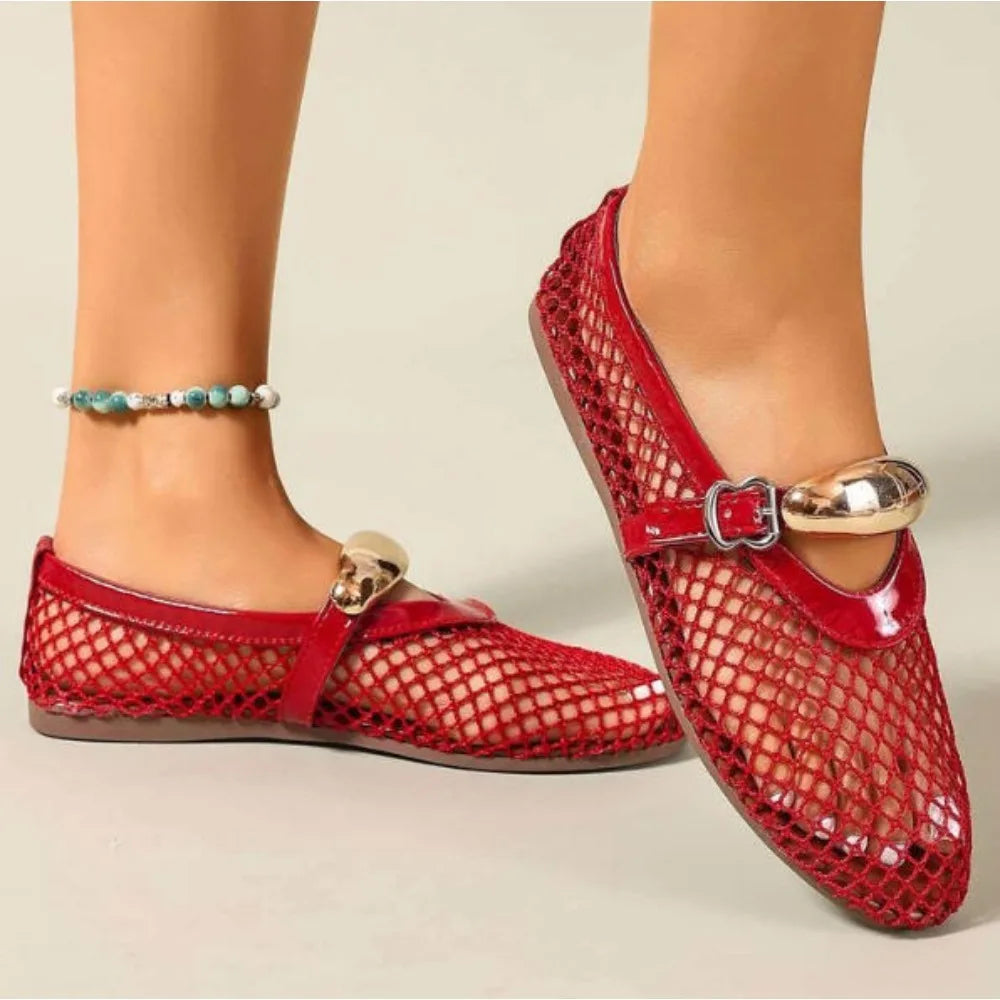 En verano, zapatos planos informales y cómodos con hebillas rectas y punta redonda para mujer, zapatos individuales Mary Jane recortados, zapatos de rejilla