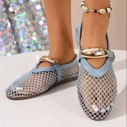 En verano, zapatos planos informales y cómodos con hebillas rectas y punta redonda para mujer, zapatos individuales Mary Jane recortados, zapatos de rejilla