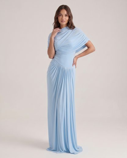 Vestito lungo drappeggiato azzurro cielo con dettaglio a scialle