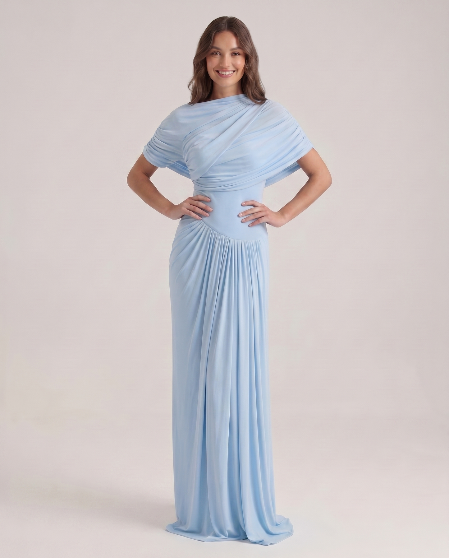 Vestito lungo drappeggiato azzurro cielo con dettaglio a scialle