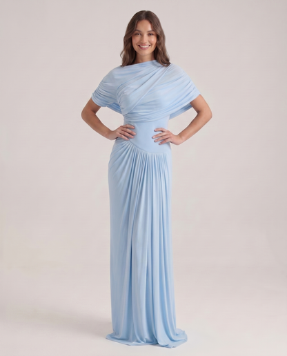 Vestito lungo drappeggiato azzurro cielo con dettaglio a scialle
