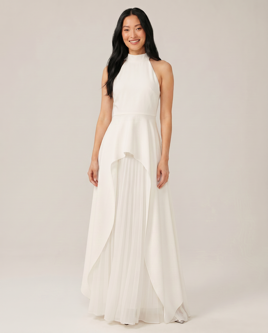 Vestido Maxi Halter Blanco con Espalda Abierta y Pliegues
