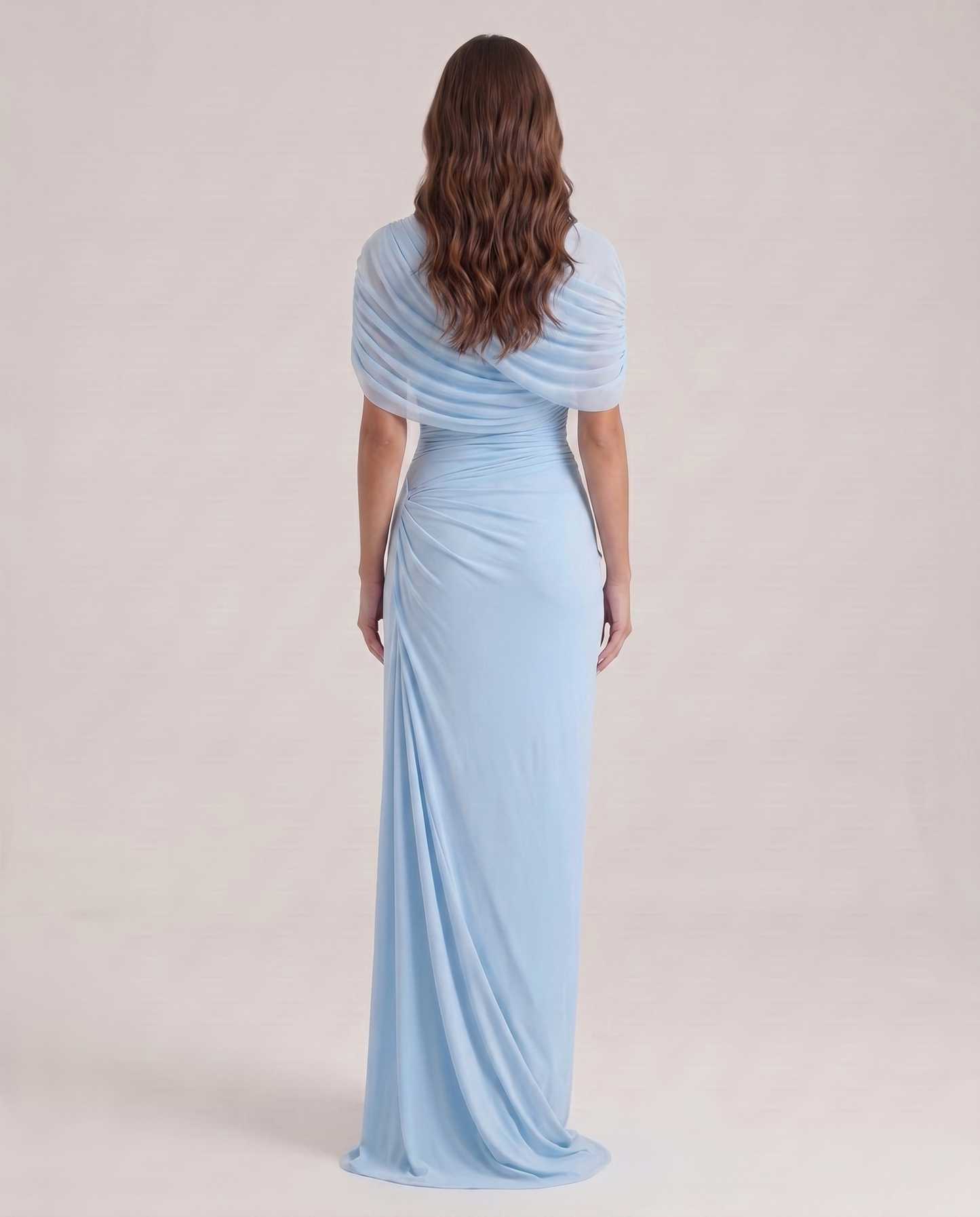 Vestito lungo drappeggiato azzurro cielo con dettaglio a scialle
