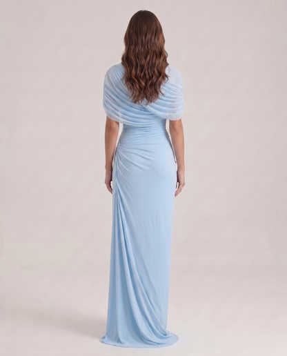 Vestito lungo drappeggiato azzurro cielo con dettaglio a scialle
